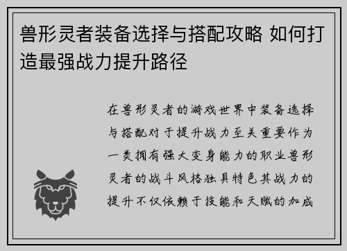 兽形灵者装备选择与搭配攻略 如何打造最强战力提升路径 兽形灵者装备选择与搭配攻略 如何打造最强战力提升路径